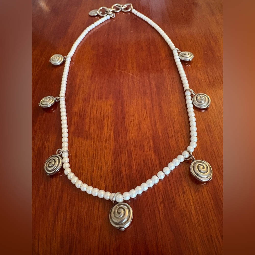 Vintage Faux Pearl AKI Necklace with Silver-tone Swirl Charms Used
